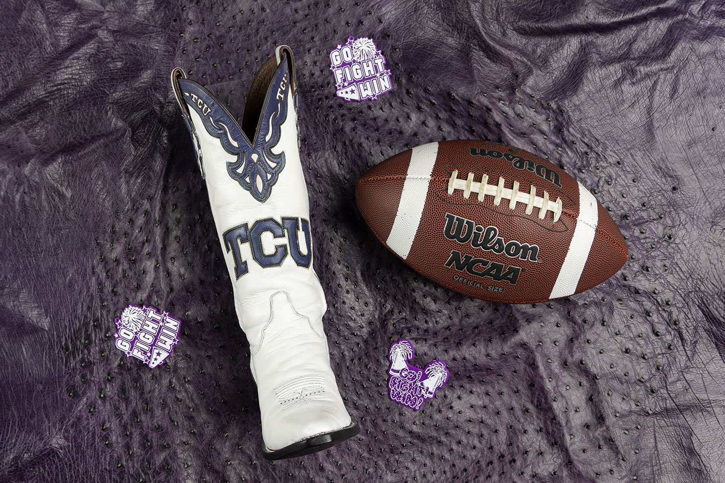 TCU custom purple boots on purple ostrich leather.